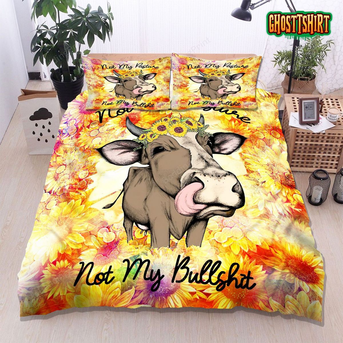 Cow Sunflower Not My Pasture Not My Bullshit Bed Sheets Duvet Cover Bedding Set