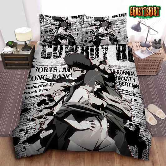 Cowboy Bebop Bounty Hunters On Newspaper In Black & White Artwork Bed Sheets Duvet Cover Bedding Set