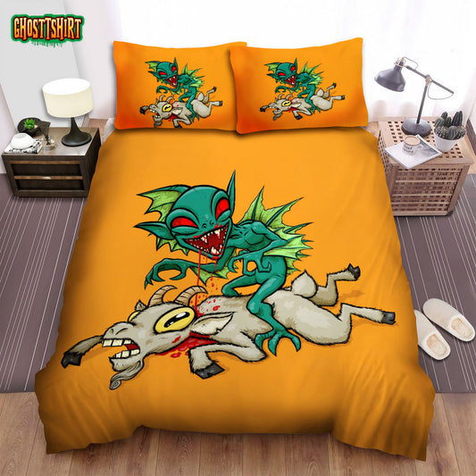 Creepy Cartoon Chupacabra Kills A Goat Bed Sheets Spread Duvet Cover Bedding Set