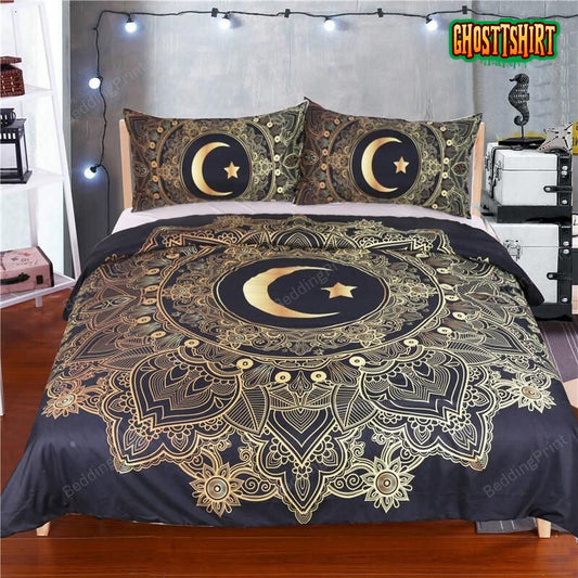 Crescent Golden Moon Mandala Bed Sheets Spread Duvet Cover Bedding Set