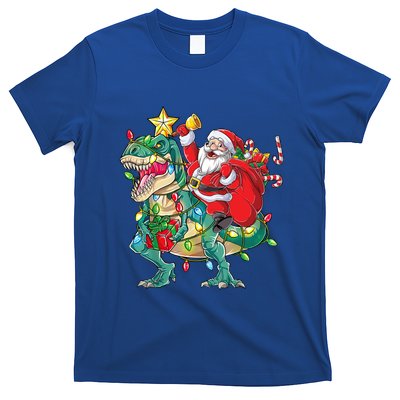 Christmas Santa Riding Dinosaur Tree Rex Pajamas Xmas Lights Gift T-Shirt