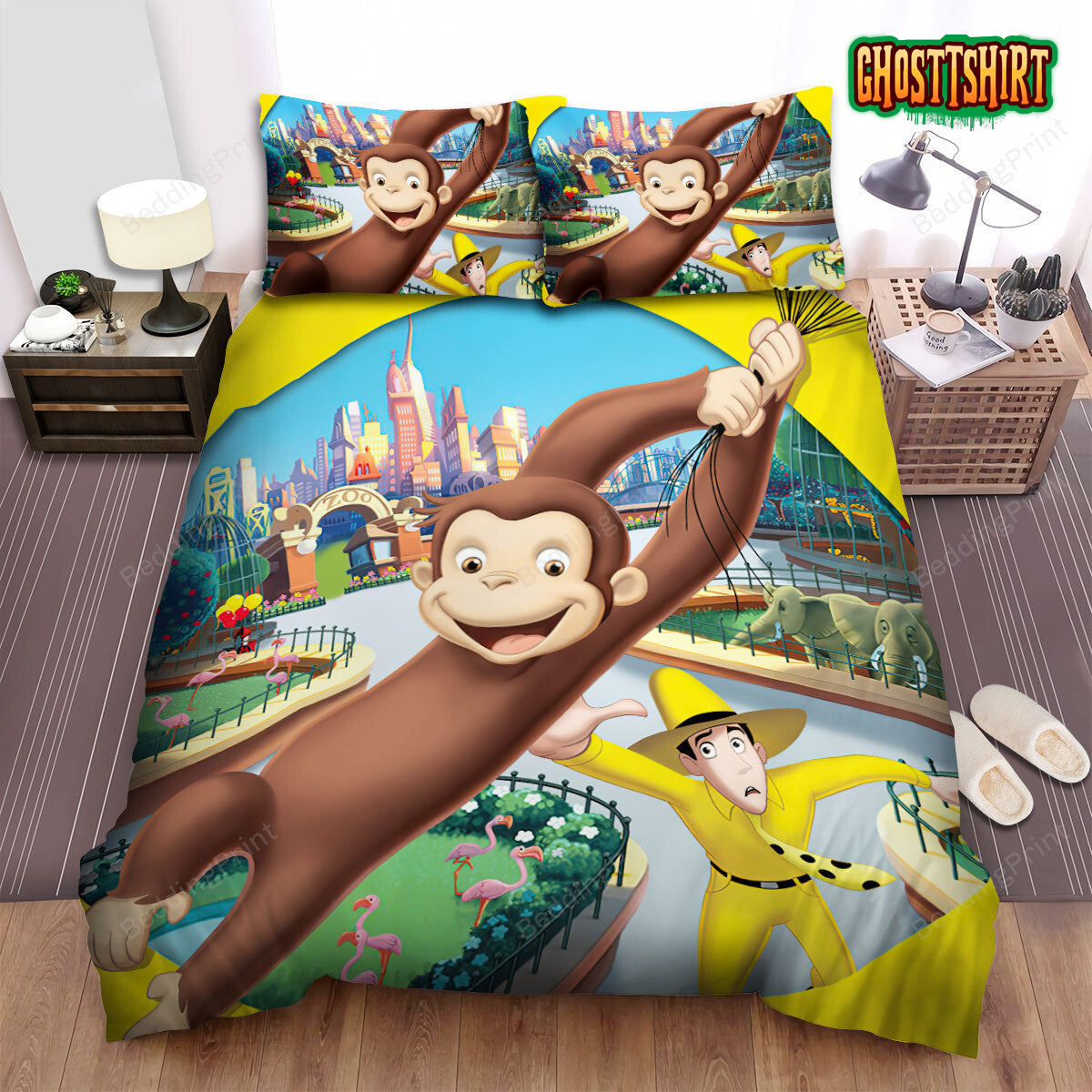 Curious George Flying With The Balls Bed Sheets Spread Duvet Cover Bedding Set