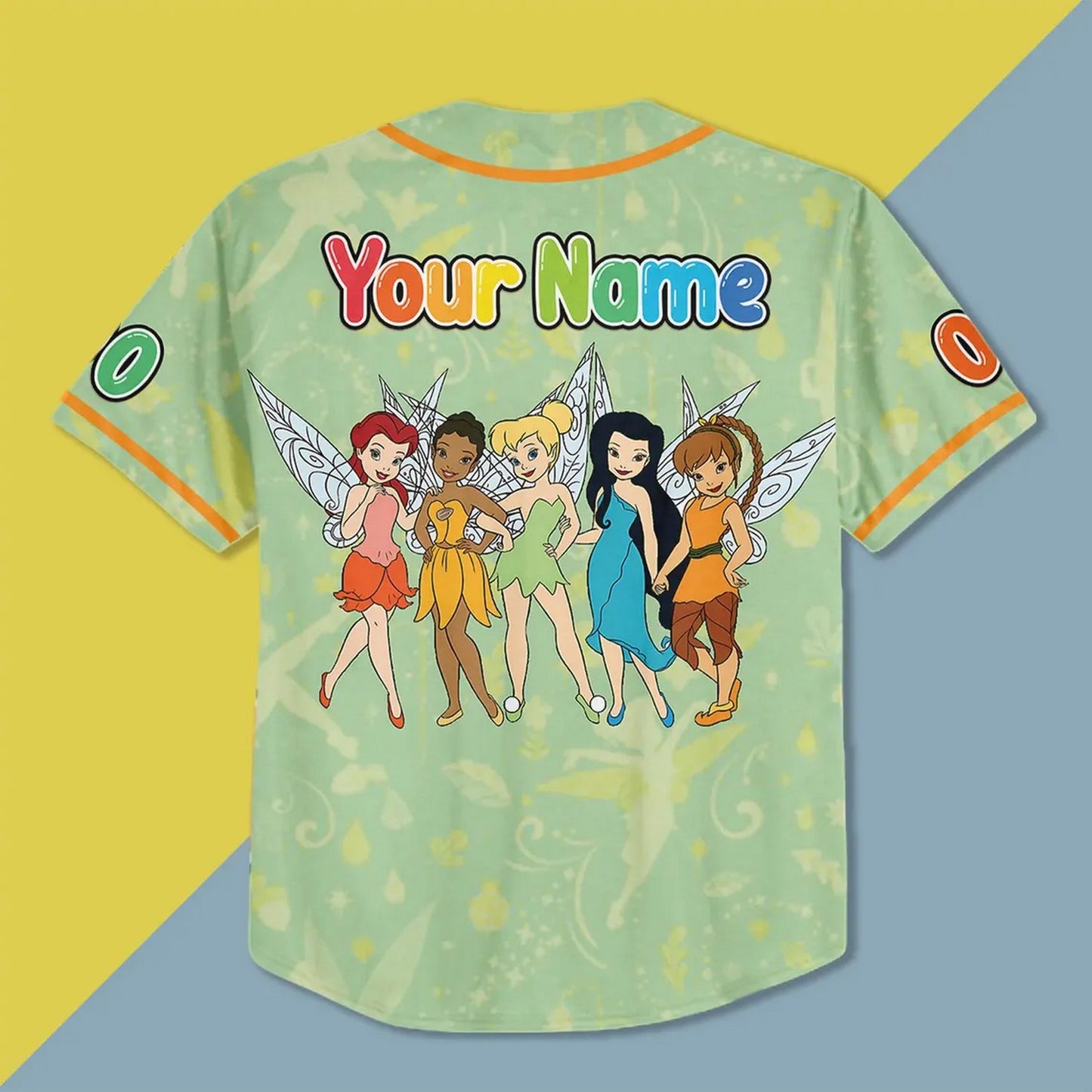 Custom Name And Number Disney Tinkerbell And Friend Green Baseball Jersey