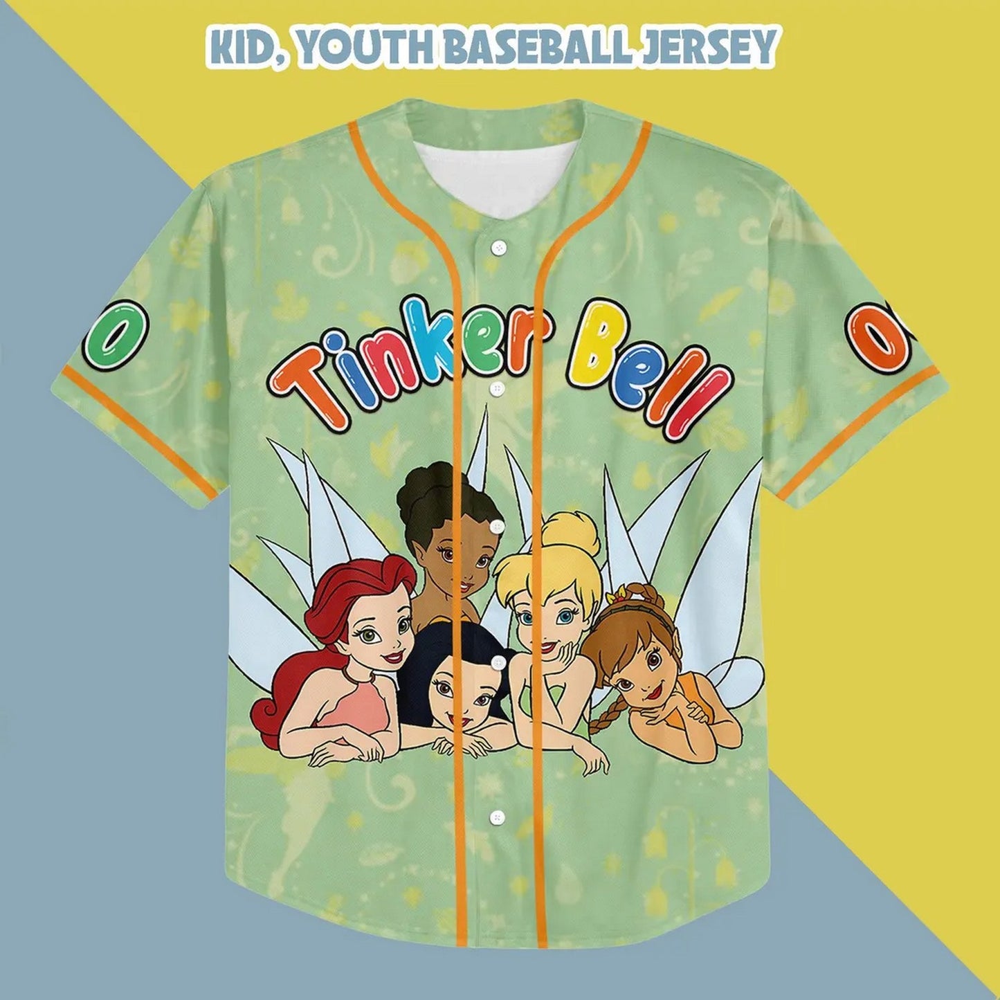 Custom Name And Number Disney Tinkerbell And Friend Green Baseball Jersey