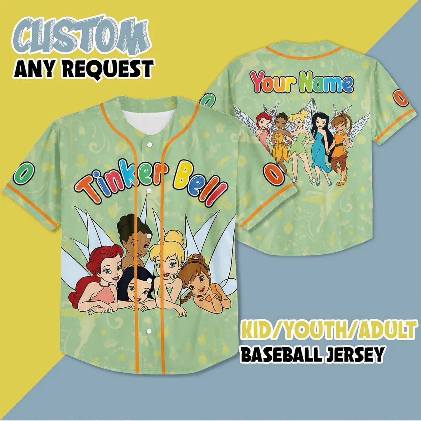 Custom Name And Number Disney Tinkerbell And Friend Green Baseball Jersey