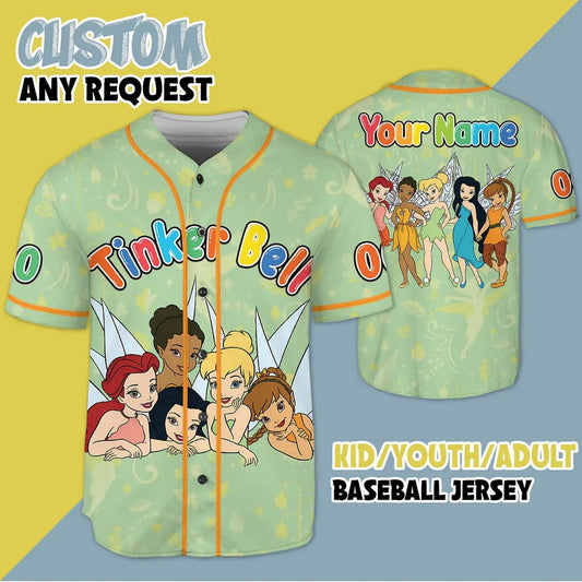 Custom Name And Number Disney Tinkerbell And Friend Green Baseball Jersey
