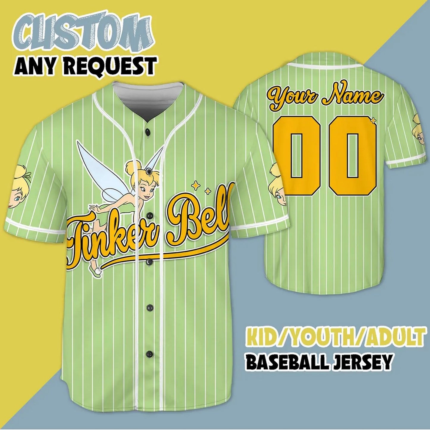 Custom Name And Number Tinker Bell Green Vertical Baseball Jersey
