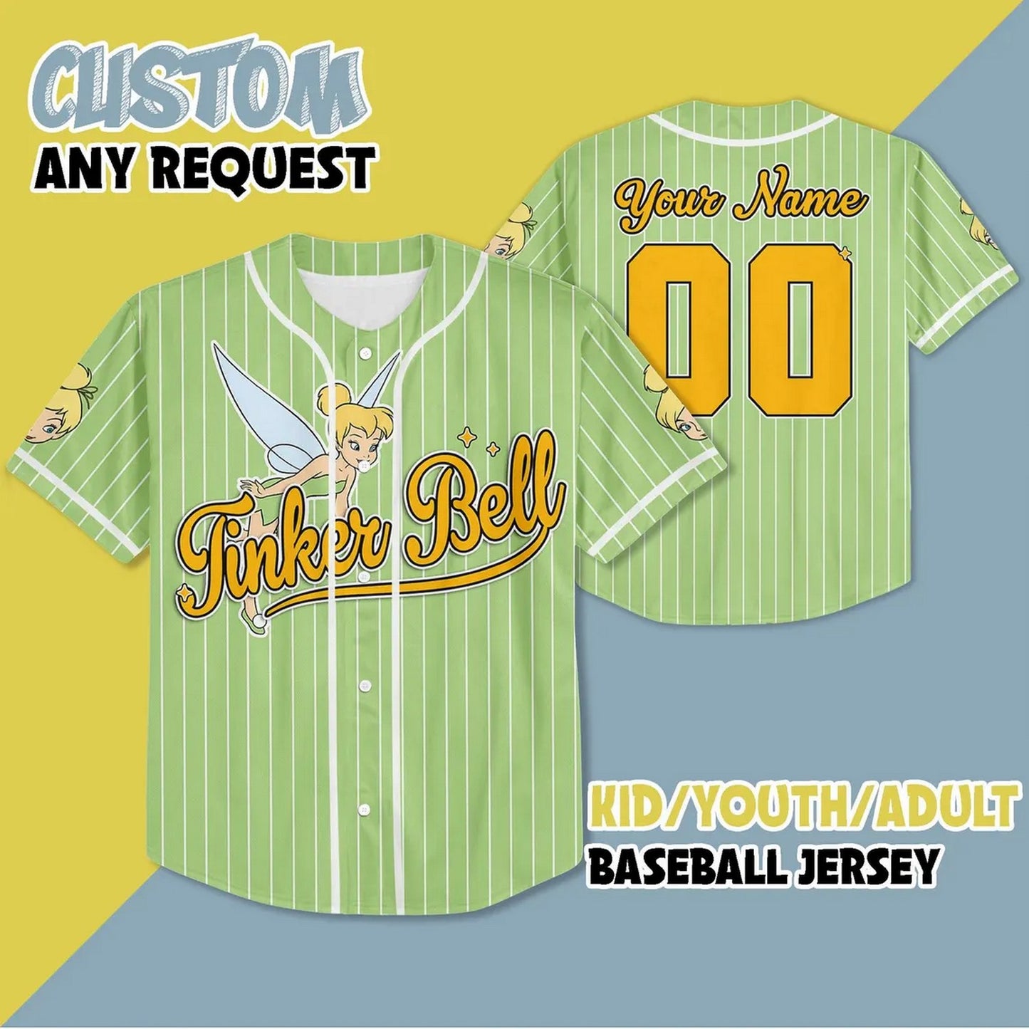 Custom Name And Number Tinker Bell Green Vertical Baseball Jersey