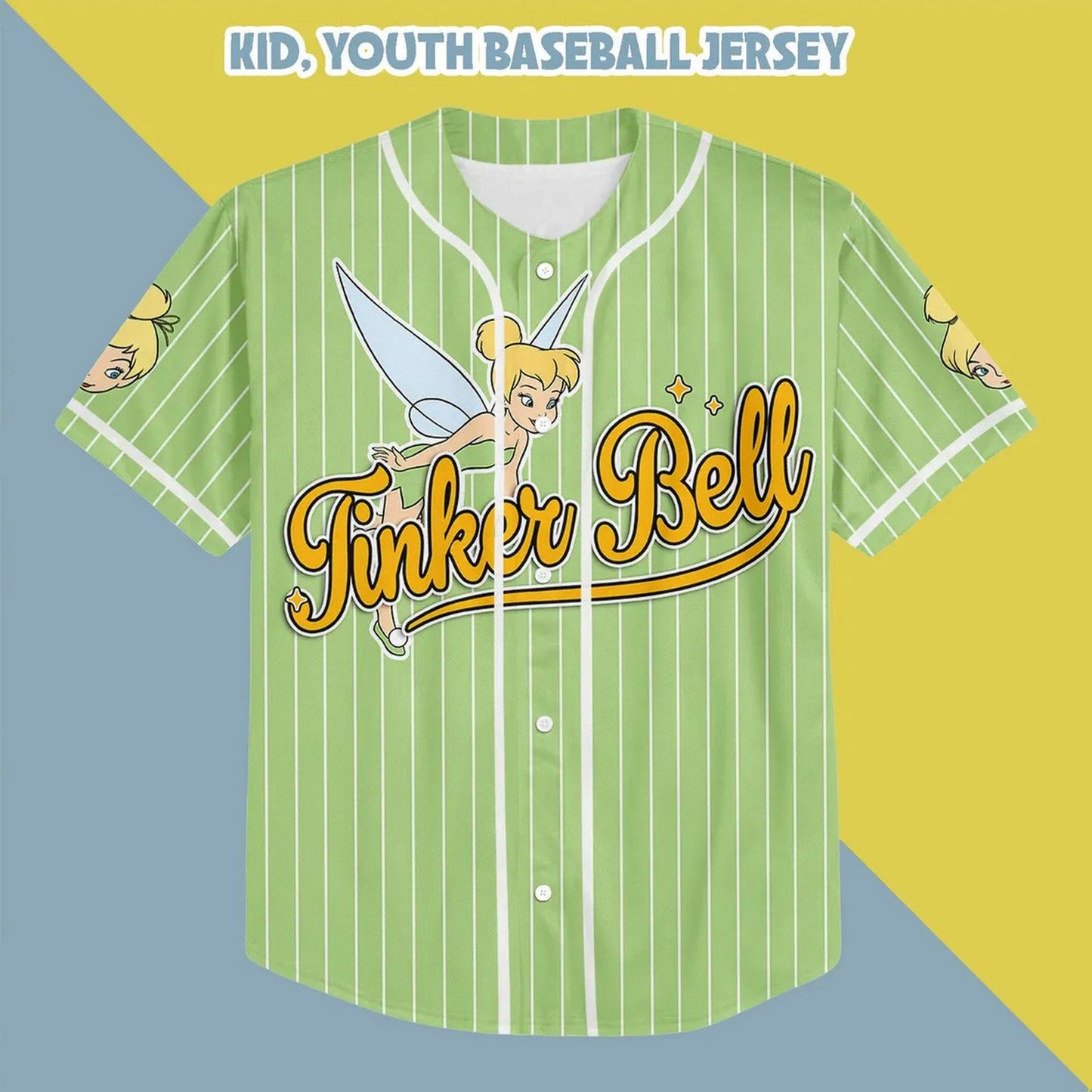 Custom Name And Number Tinker Bell Green Vertical Baseball Jersey
