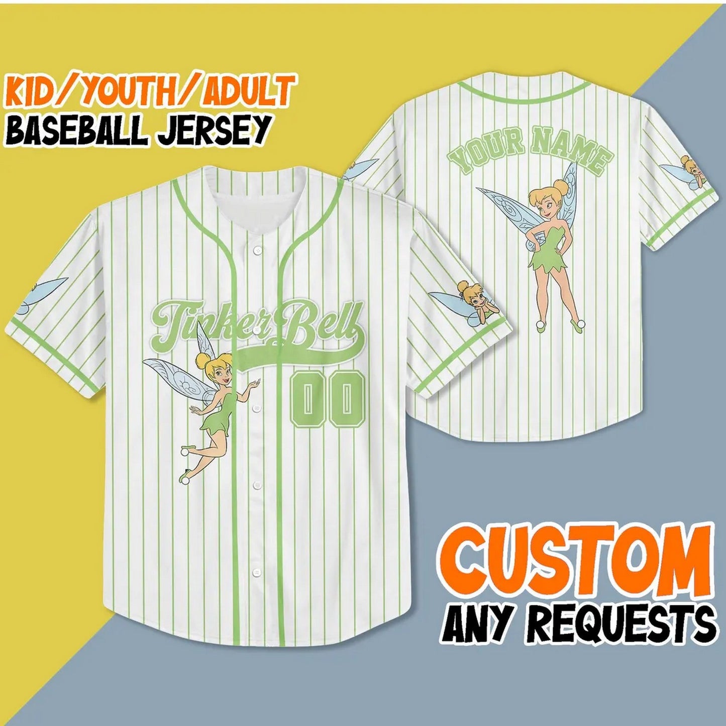 Custom Name And Number Tinker Bell White Vertical Baseball Jersey