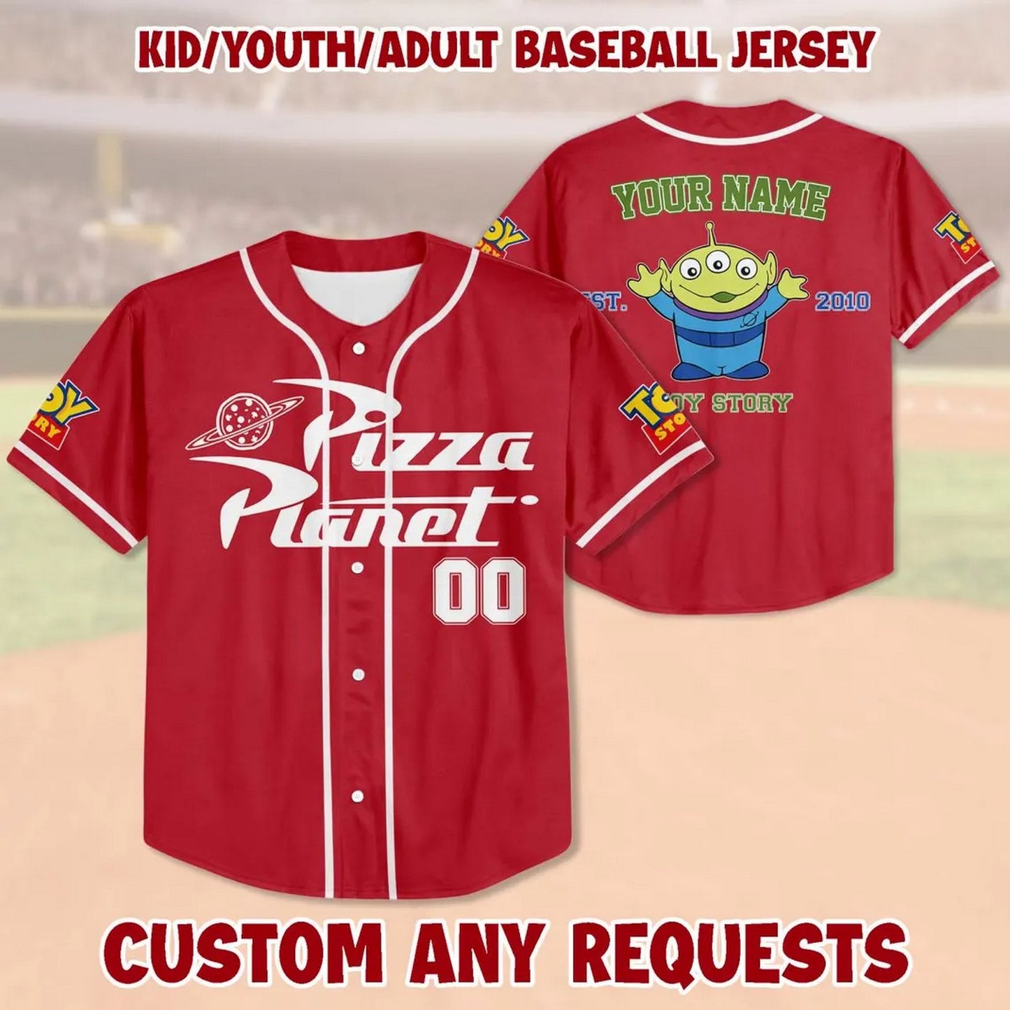 Custom Name Disney Toy Story Ailen Pizza Planet Red Baseball Jersey