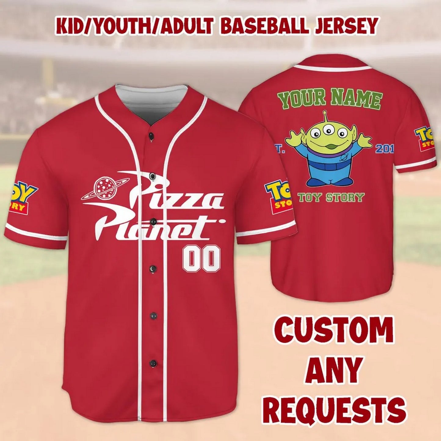 Custom Name Disney Toy Story Ailen Pizza Planet Red Baseball Jersey