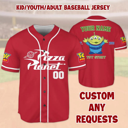 Custom Name Disney Toy Story Ailen Pizza Planet Red Baseball Jersey