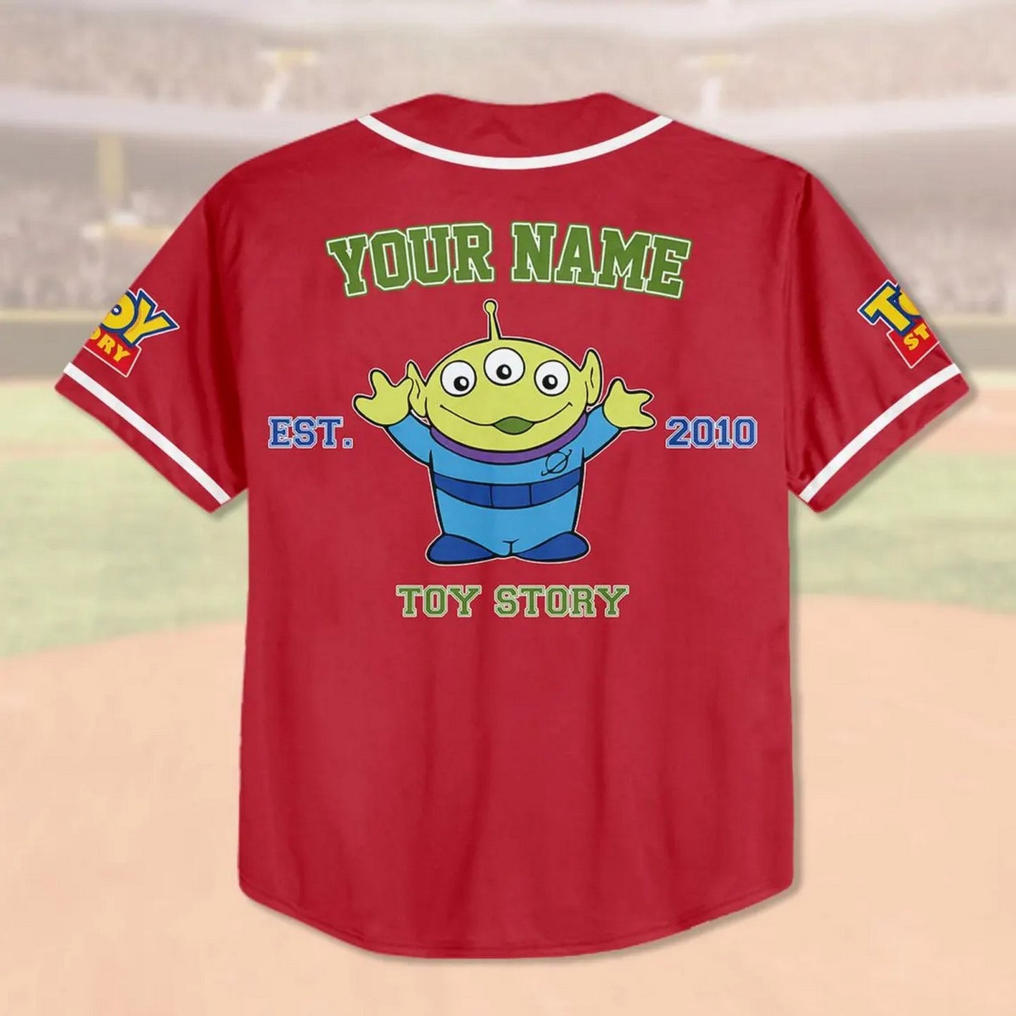 Custom Name Disney Toy Story Ailen Pizza Planet Red Baseball Jersey