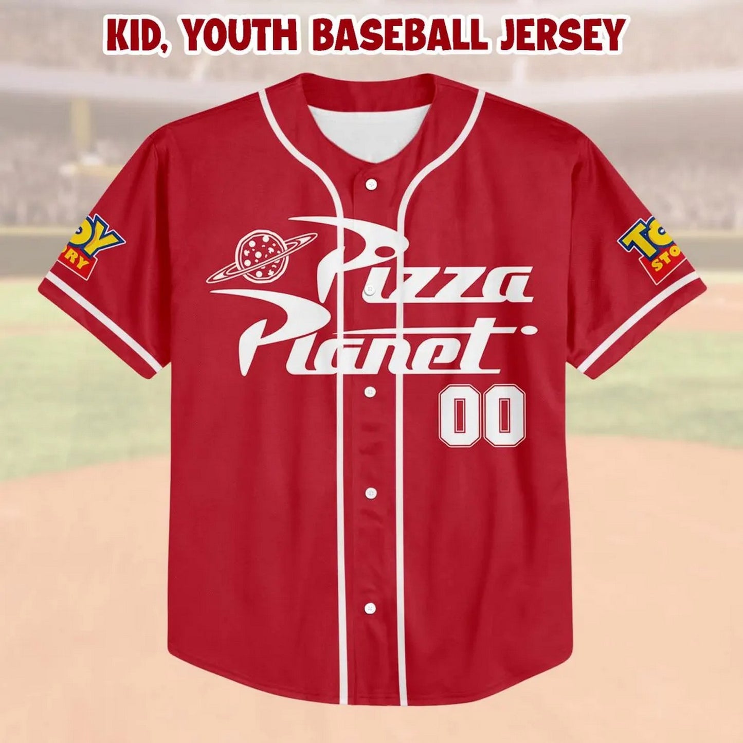 Custom Name Disney Toy Story Ailen Pizza Planet Red Baseball Jersey