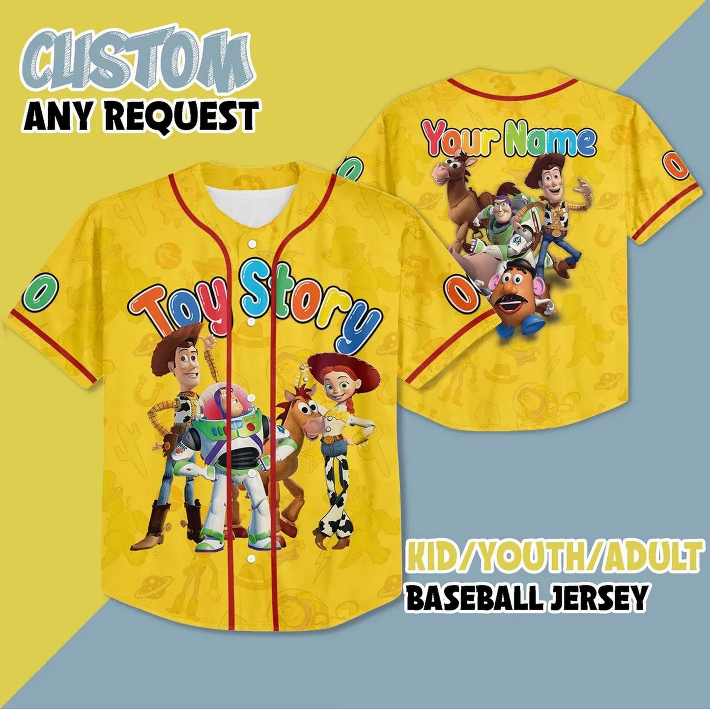 Custom Name Funny Toy Story Character Yellow Baseball Jersey