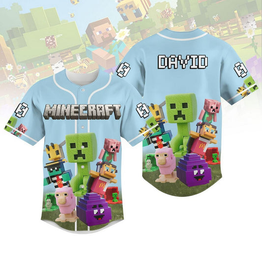 Custom Name Minecraft Game Blue Baseball Jersey