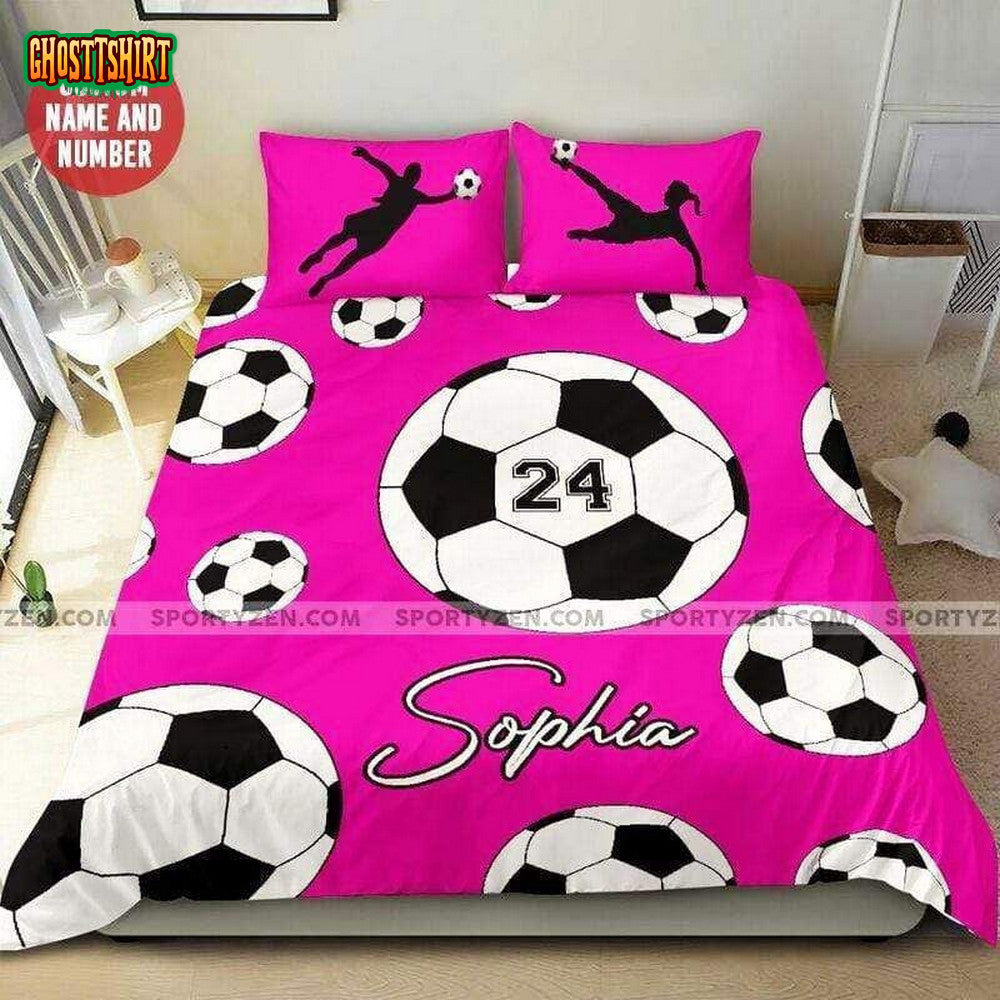 Custom Soccer Girl Player Pink Duvet Cover Bedding Set