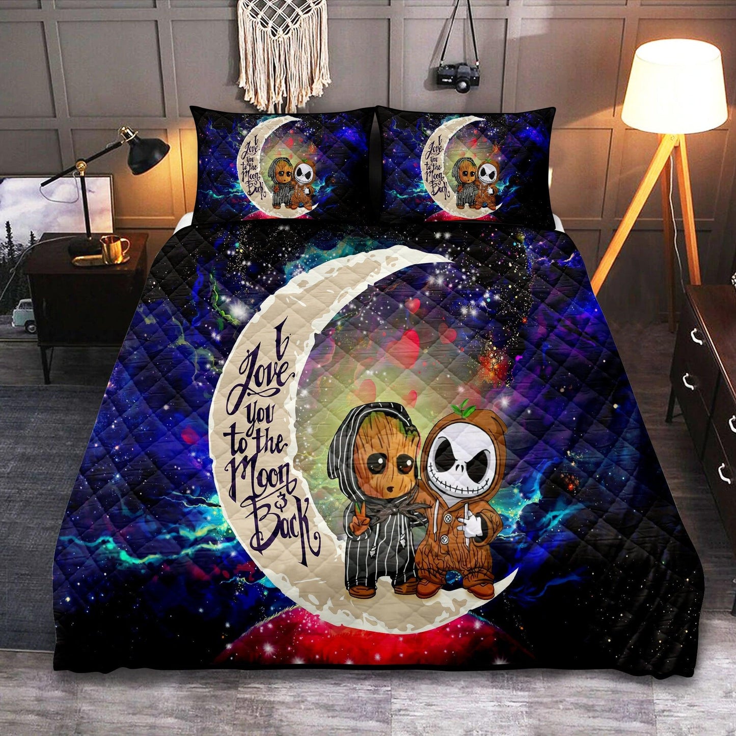 Personalized Baby Groot Jack Nightmare Before Christmas Galaxy 3-pc Quilt Bedding Set