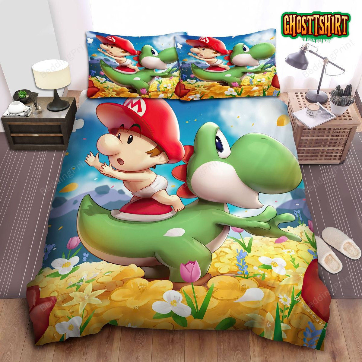 Cute Baby Mario & Yoshi In Flower Garden Bed Sheets Duvet Cover Bedding Set