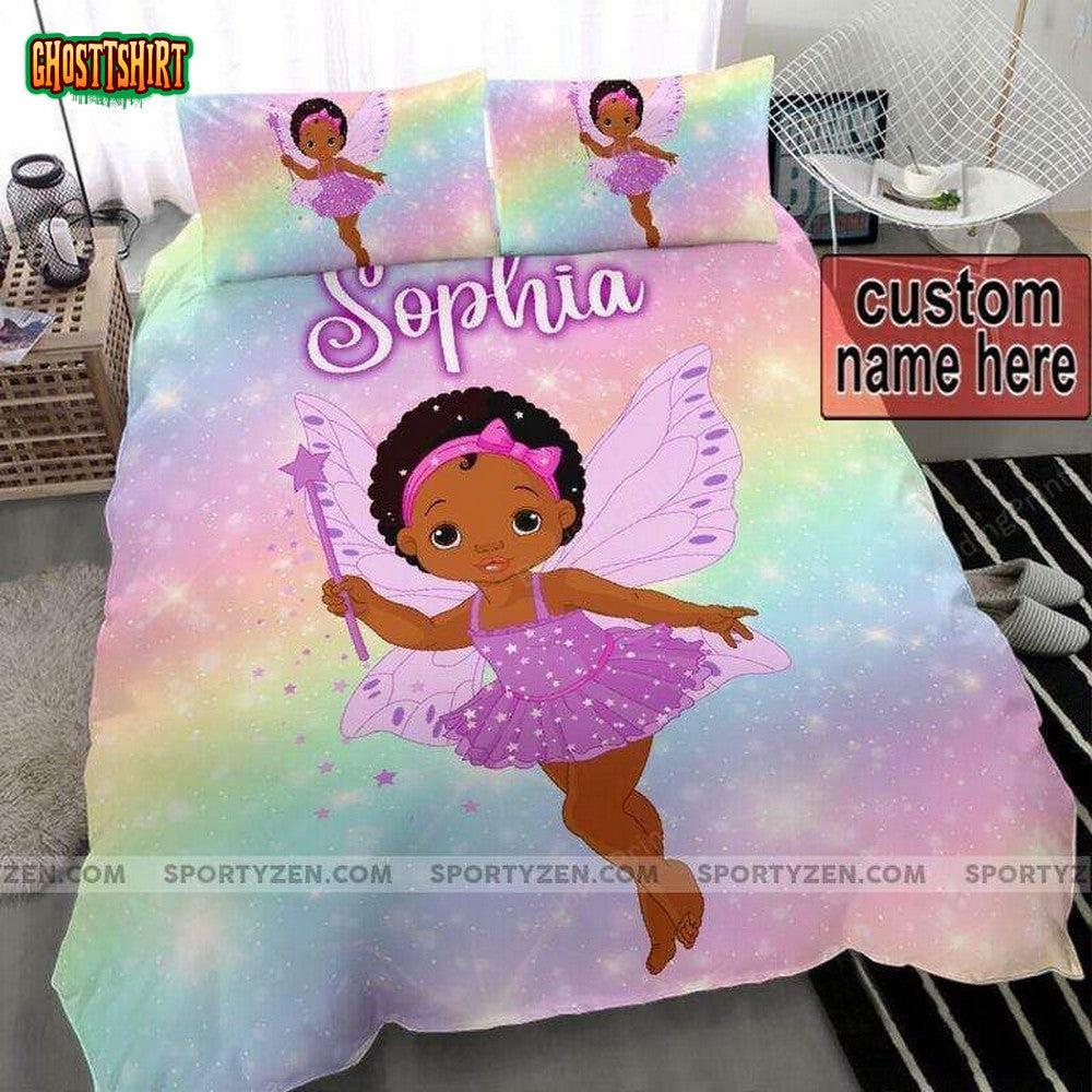 Cute Black Baby Kid Afro With Rainbow Custom Name Duvet Cover Bedding Set