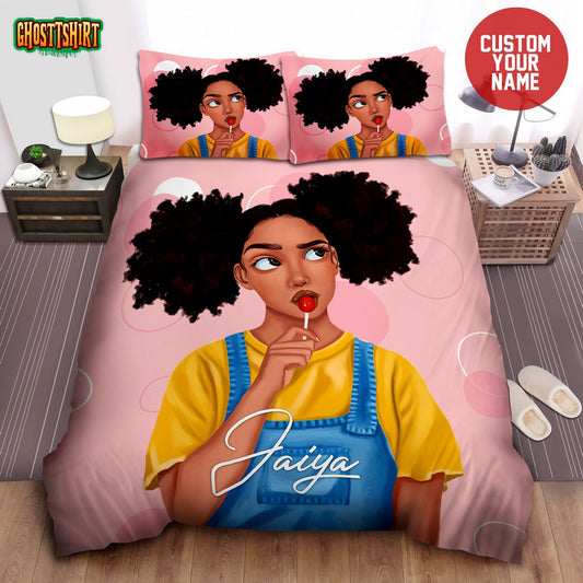 Cute Black Girl Eat Candy African Custom Name Duvet Cover Bedding Set