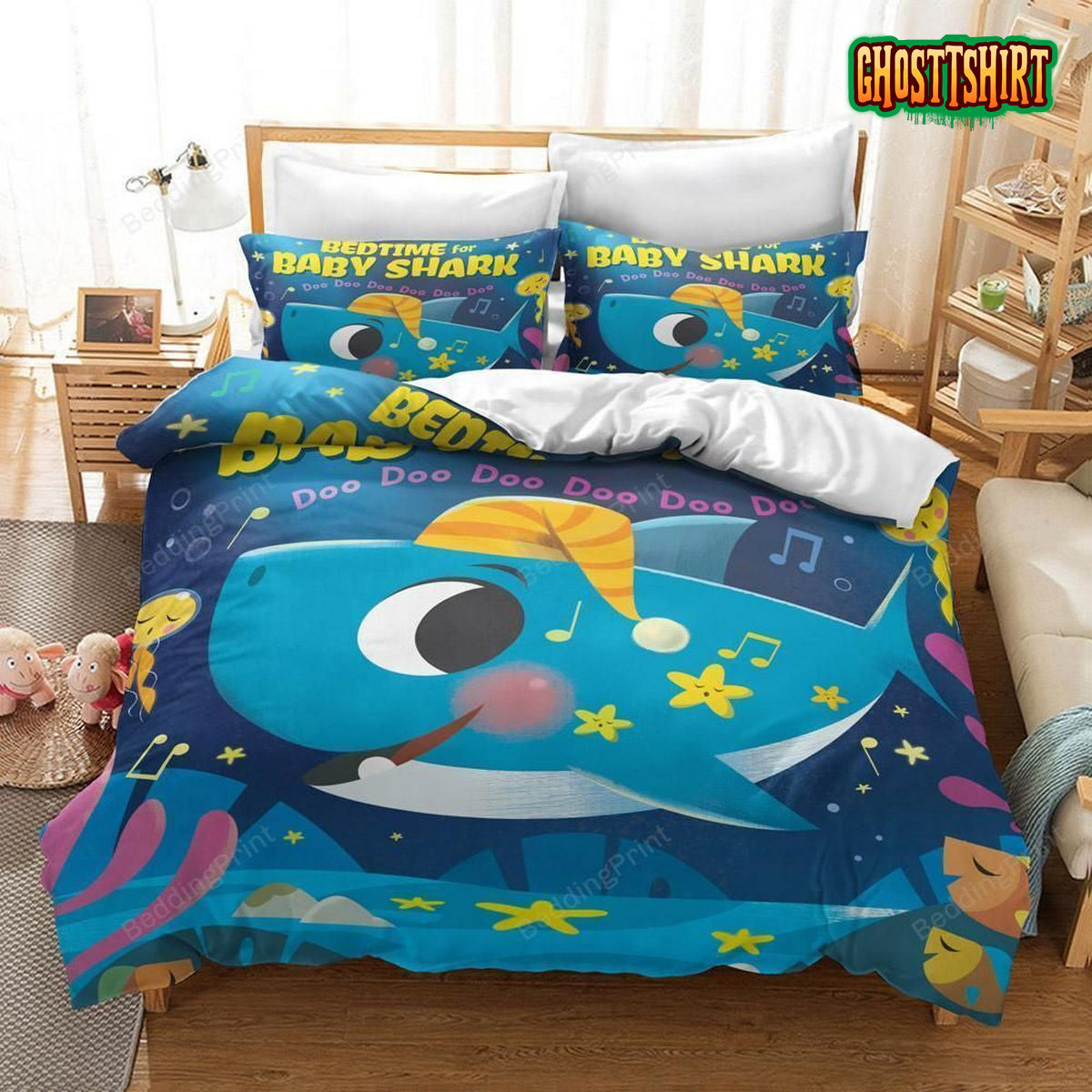 Cute Blue Baby Shark Goodnight For Kid'S Room Duvet Cover Bedding Set