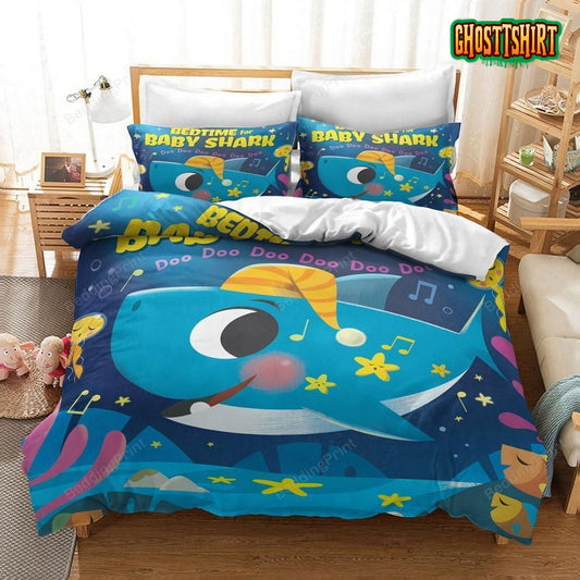 Cute Blue Baby Shark Goodnight For Kid'S Room Duvet Cover Bedding Set