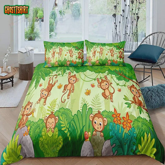 Cute Cartoon Monkeys Bed Sheets Duvet Cover Bedding Set