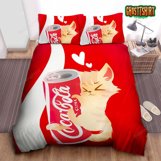 Cute Cat Loves Coca-Cola Illustration Bed Sheets Duvet Cover Bedding Set