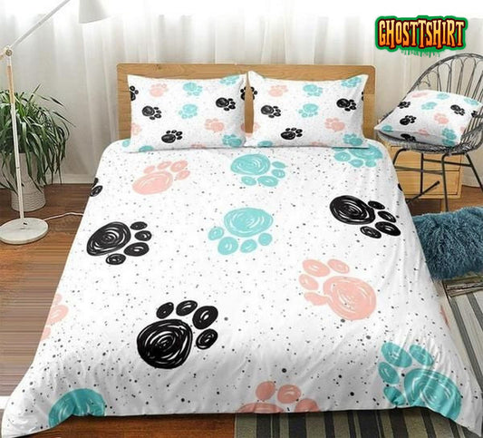 Cute Dog Drawn Paw Print Bed Sheets Duvet Cover Bedding Set