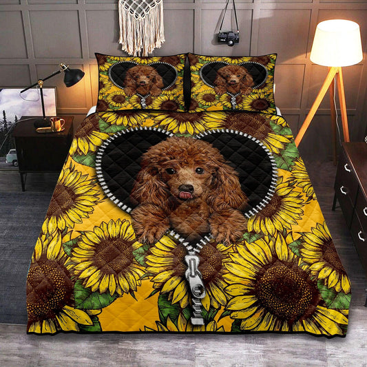 Personalized Sunflower Poodle Dog  3-pc Quilt Bedding Set – Cute Zipper Design