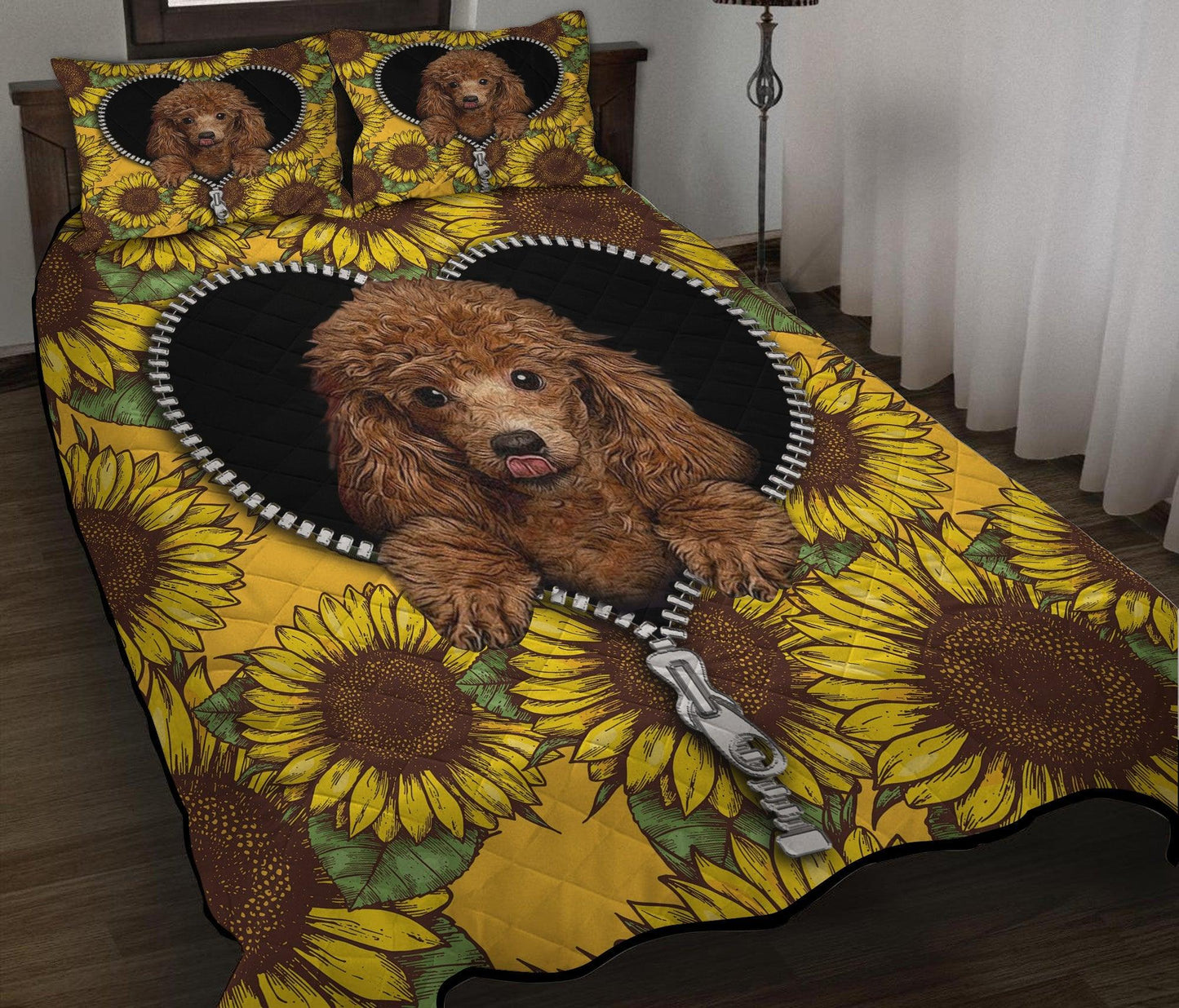 Personalized Sunflower Poodle Dog  3-pc Quilt Bedding Set – Cute Zipper Design