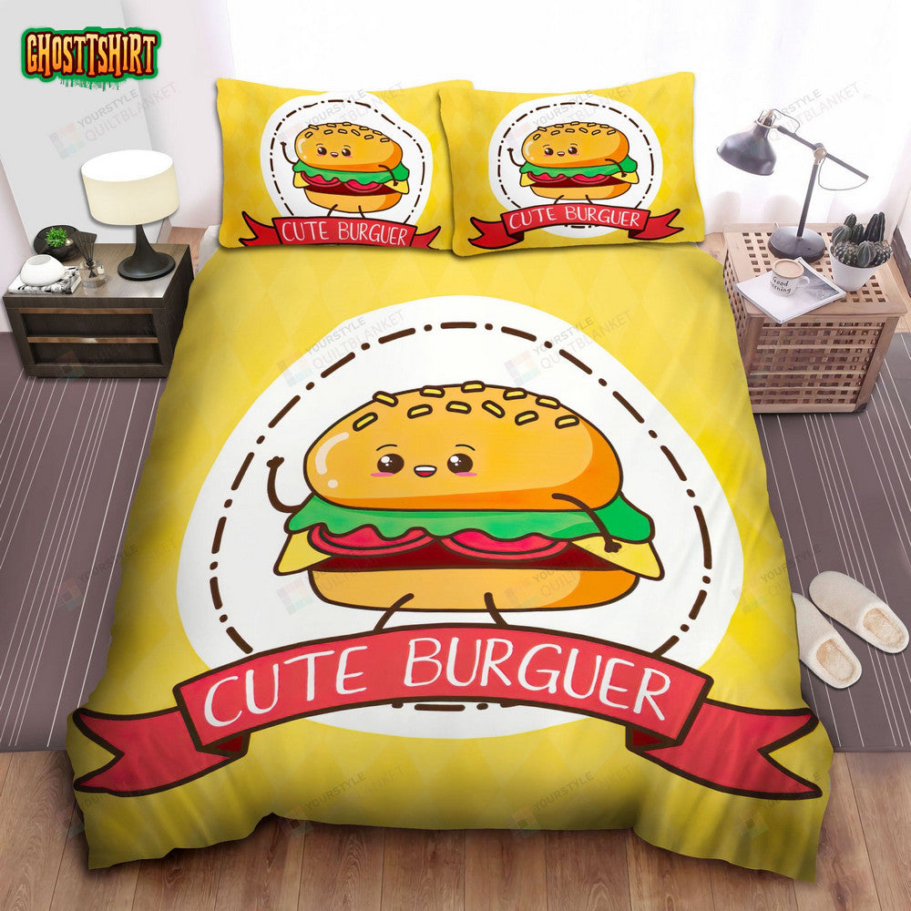 Cute Hamburger Cartoon Character Say Hi Bed Sheet Spread Comforter Duvet Cover Bedding Set