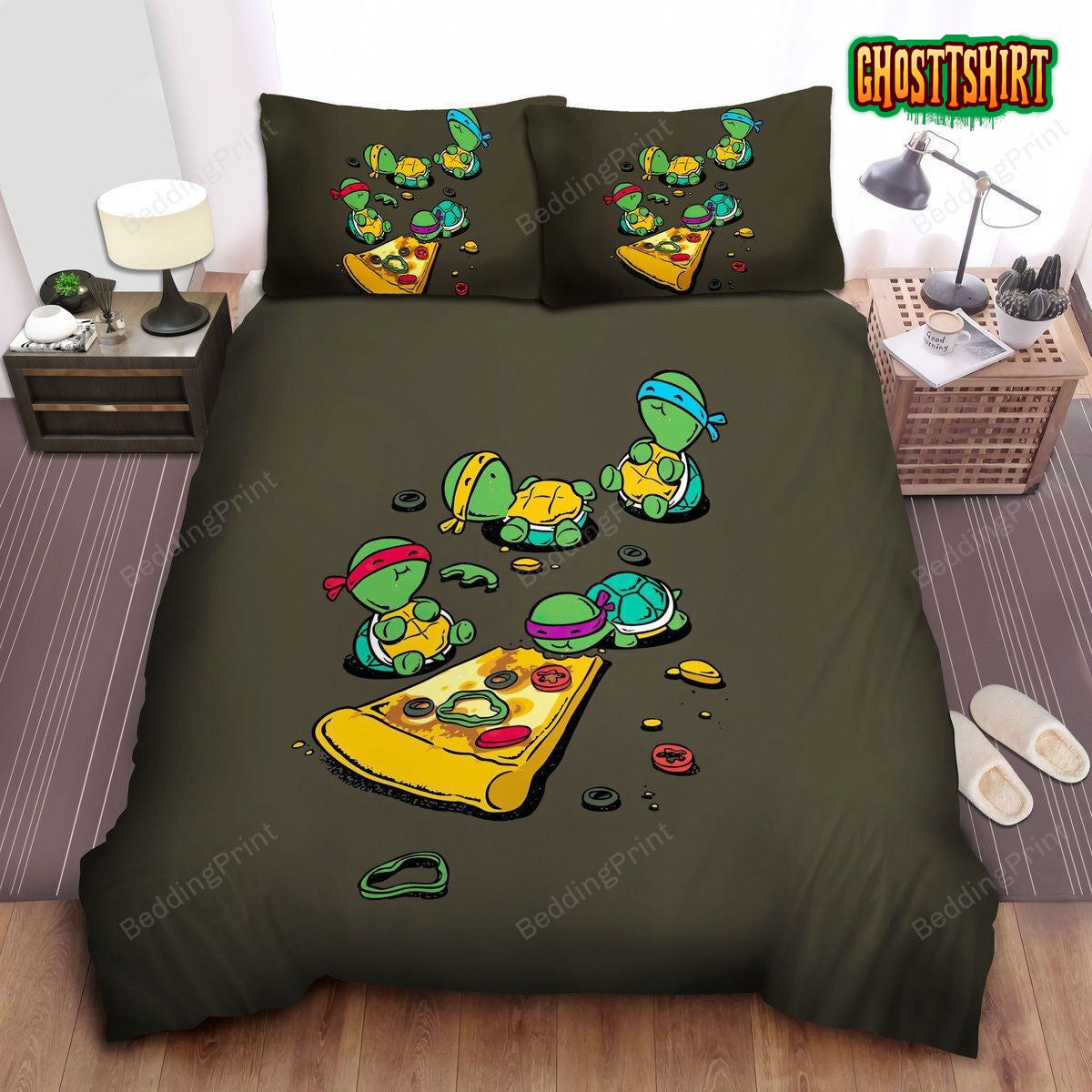 Cute Little Ninja Turtles Eating Pizza Bed Sheets Duvet Cover Bedding Set