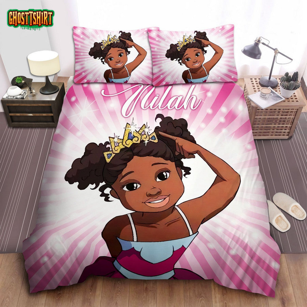 Cute Little Princess Black Girl African American Personalized Custom Name Duvet Cover Bedding Set