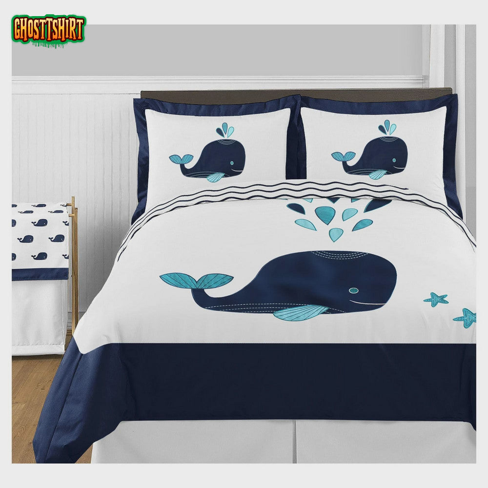 Cute Navy Blue Whale Bed Sheets Duvet Cover Bedding Set