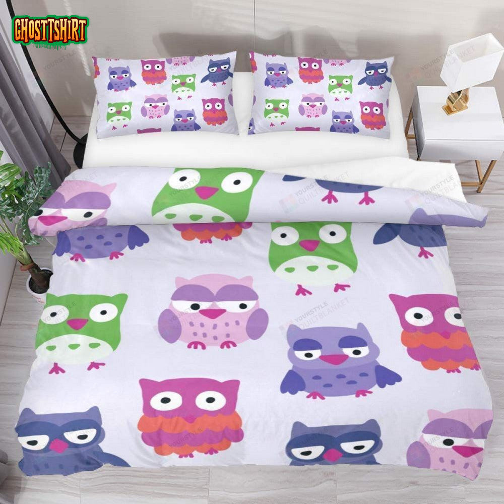 Cute Owl Cartoon Pattern Cotton Bed Sheets Spread Comforter Duvet Cover Bedding Set