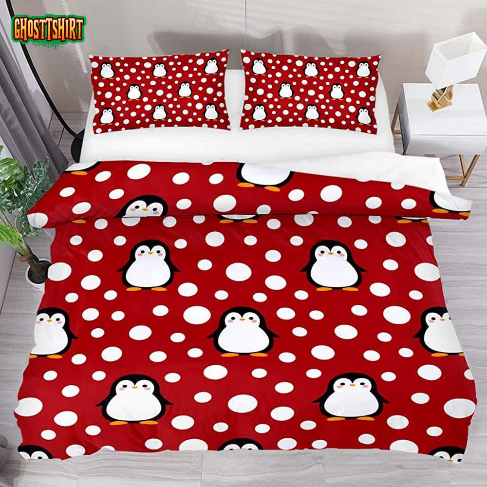 Cute Penguin with Snow Cartoon Dots Pattern Bed Sheets Spread Comforter Duvet Cover Bedding Set