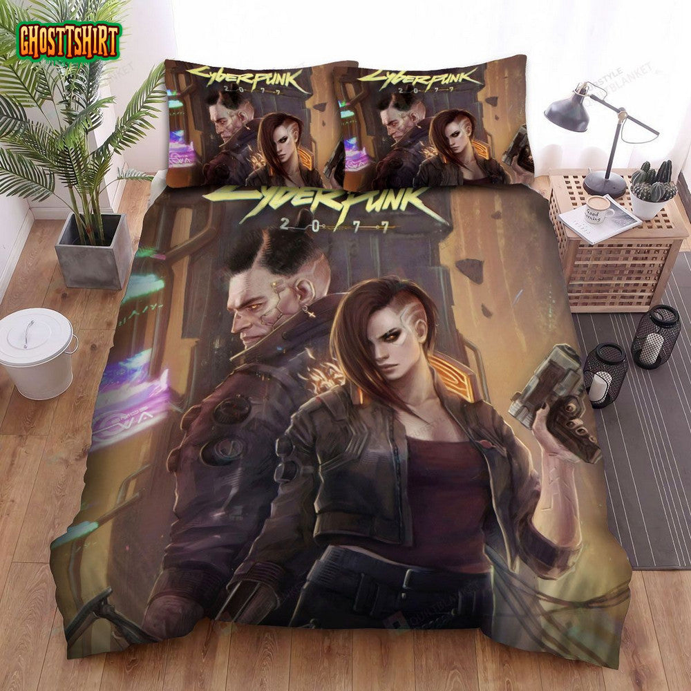 Cyberpunk 2077 Characters Fighting Art Bed Sheets Spread Comforter Duvet Cover Bedding Set