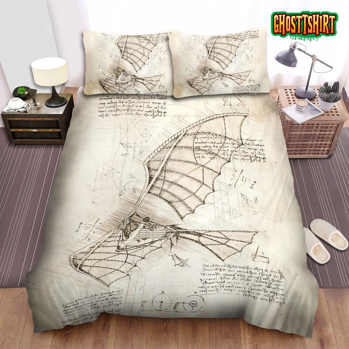 Da Vinci Inspired Sketches Flying Machine Bed Sheets Duvet Cover Bedding Set