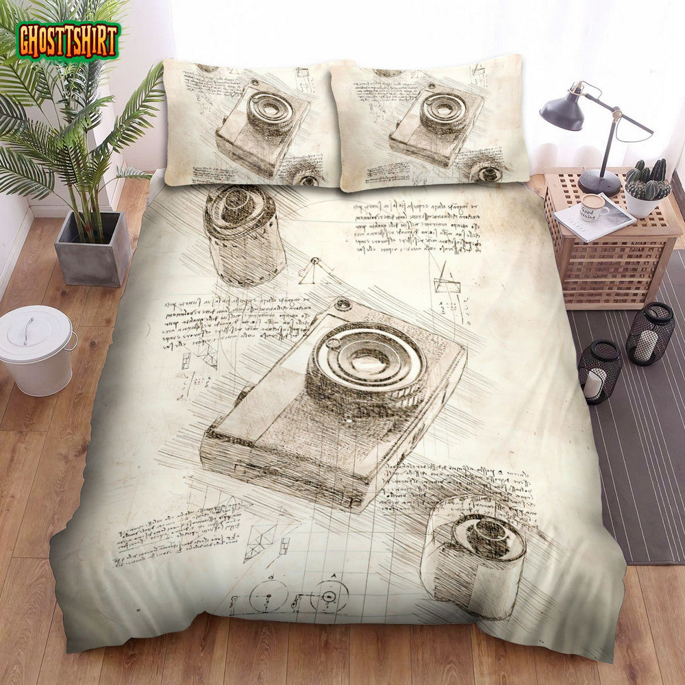 Da Vinci Inspired Sketches Photo Camera And Film Bed Sheets Duvet Cover Bedding Set