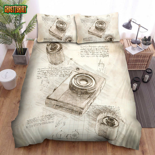 Da Vinci Inspired Sketches Photo Camera And Film Bed Sheets Duvet Cover Bedding Set