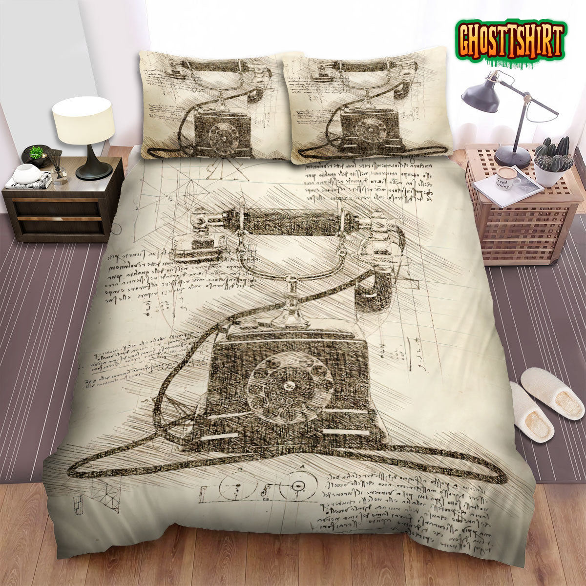 Da Vinci Inspired Sketches Telephone Bed Sheets Duvet Cover Bedding Set