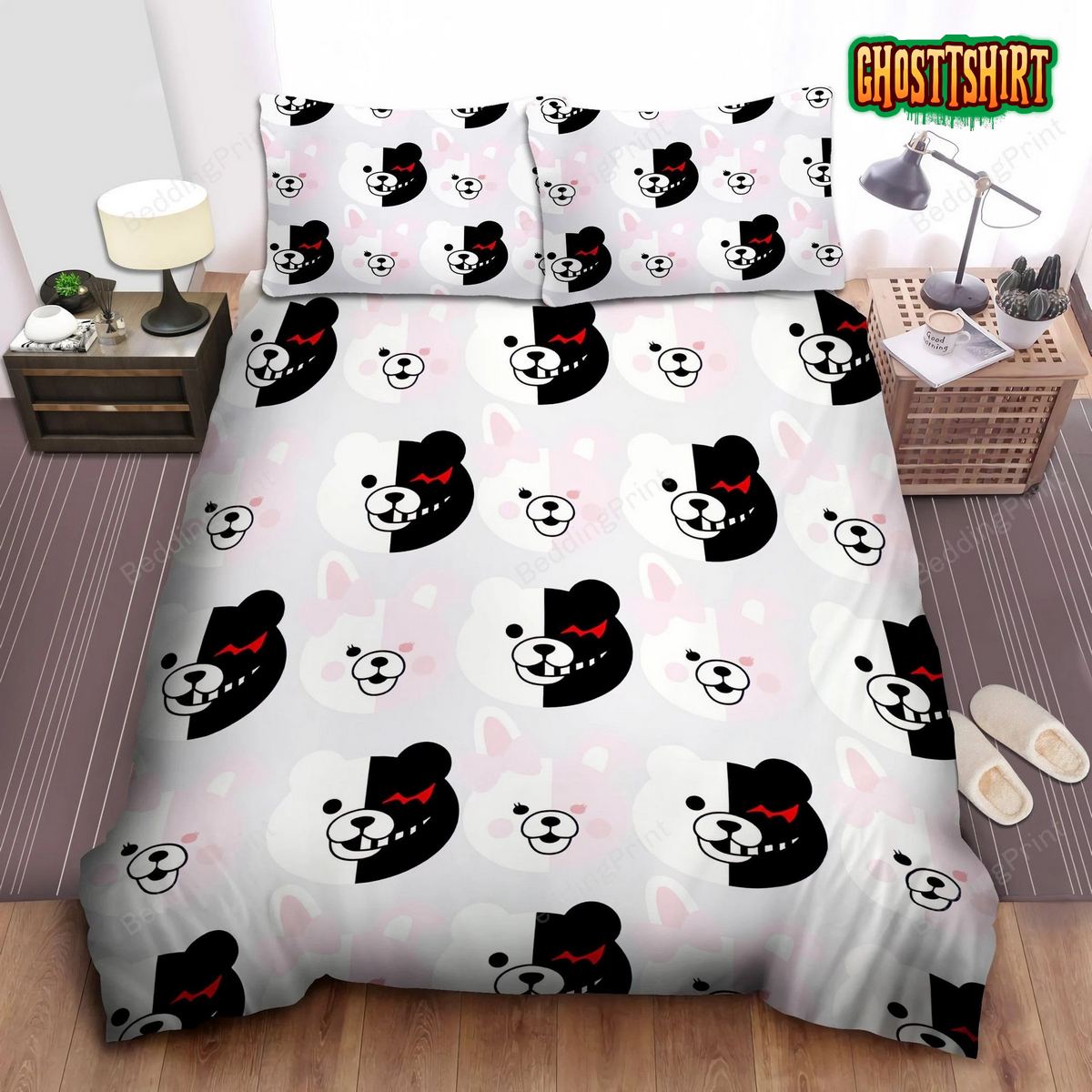 Danganronpa Momokuma & Momomi Cute Heads Pattern Bed Sheets Duvet Cover Bedding Set