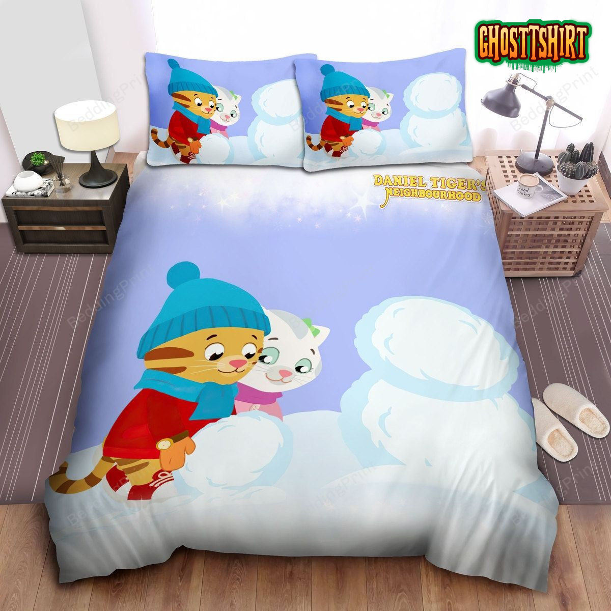 Daniel Tiger And Katerina Kittycat Building Snowman Bed Sheets Duvet Cover Bedding Set
