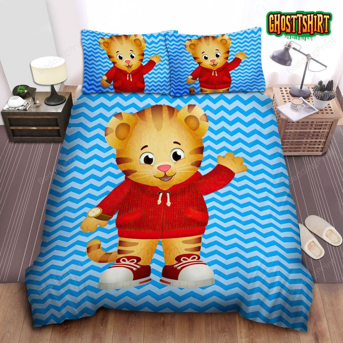 Daniel Tiger In Blue Waves Illustration Bed Sheets Duvet Cover Bedding Set
