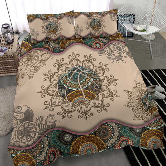 Basketball Duvet Cover Set, Basketball Ball Boho Player Fan Gift Mandala Pattern Vintage Brown Duvet Cover & Pillowcases, Bedding Set