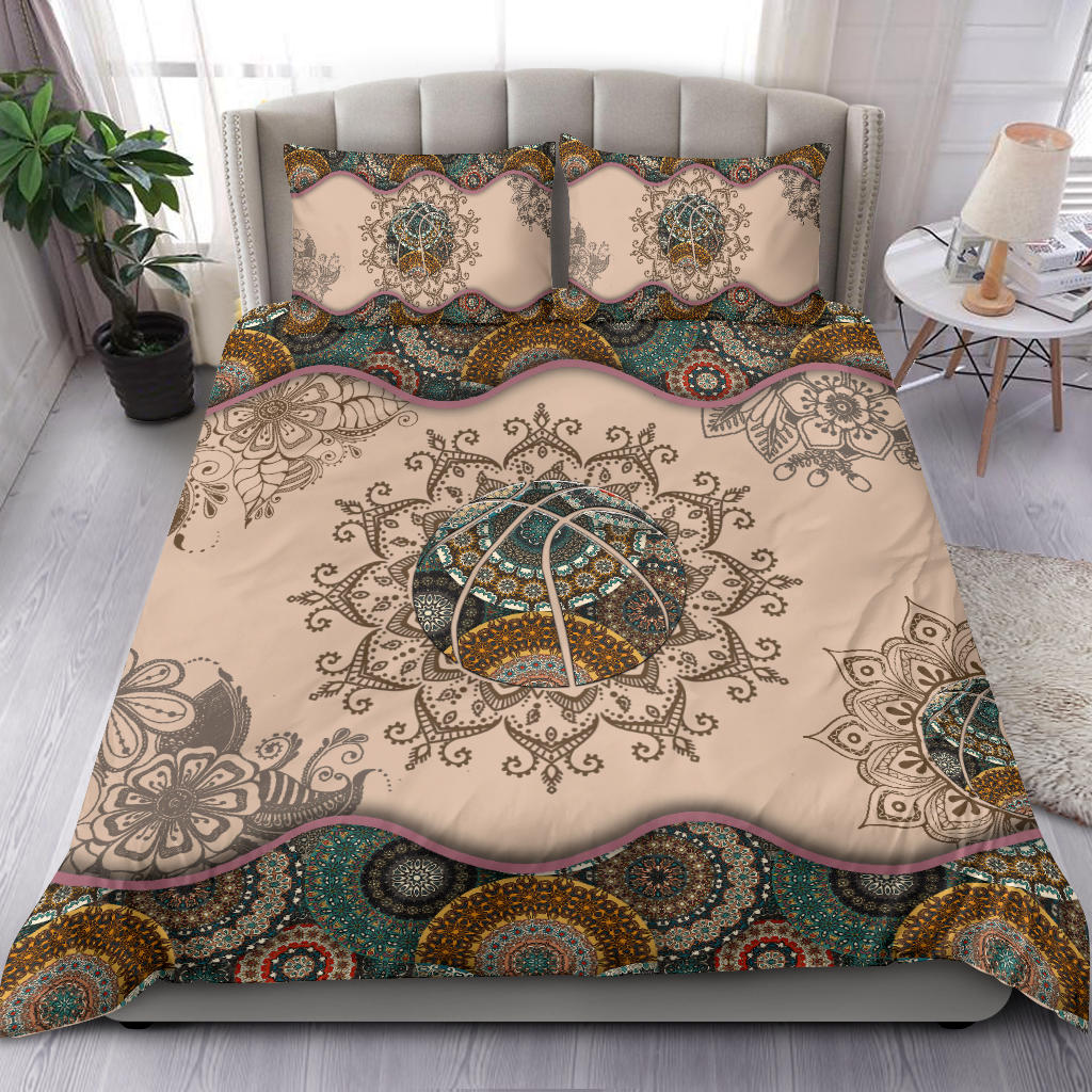 Basketball Duvet Cover Set, Basketball Ball Boho Player Fan Gift Mandala Pattern Vintage Brown Duvet Cover & Pillowcases, Bedding Set