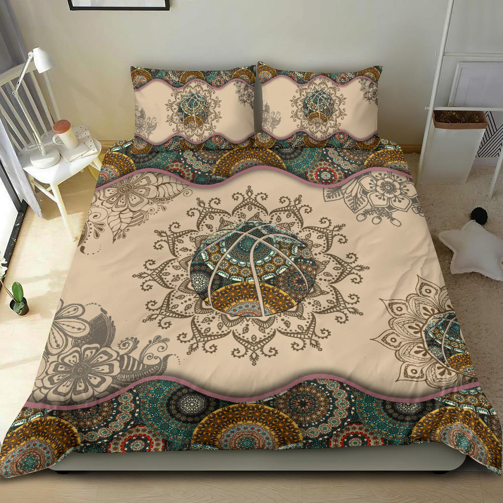 Basketball Duvet Cover Set, Basketball Ball Boho Player Fan Gift Mandala Pattern Vintage Brown Duvet Cover & Pillowcases, Bedding Set